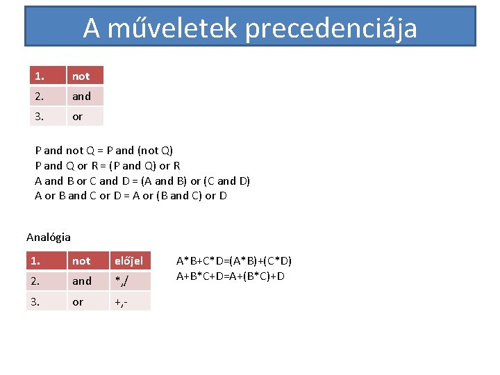 A műveletek precedenciája 1. not 2. and 3. or P and not Q =