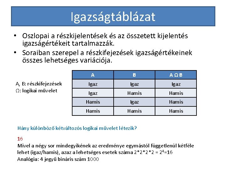 Igazságtáblázat • Oszlopai a részkijelentések és az összetett kijelentés igazságértékeit tartalmazzák. • Soraiban szerepel