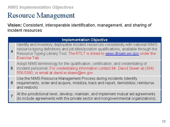 NIMS Implementation Objectives Resource Management Vision: Consistent, interoperable identification, management, and sharing of incident