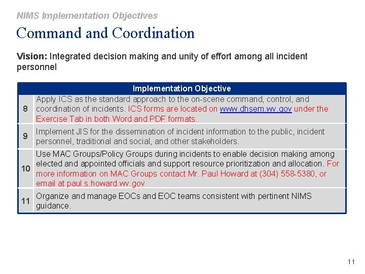 NIMS Implementation Objectives Command Coordination Vision: Integrated decision making and unity of effort among