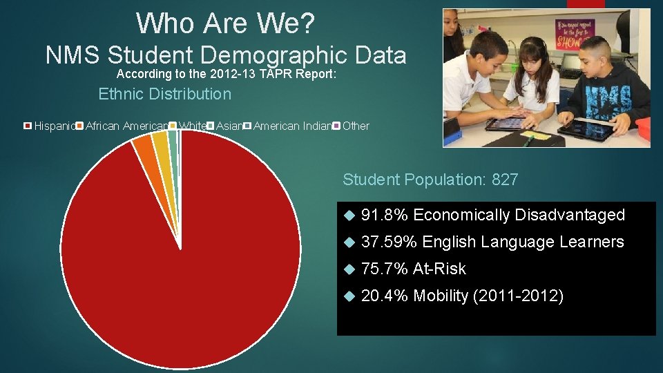 Who Are We? NMS Student Demographic Data According to the 2012 -13 TAPR Report: