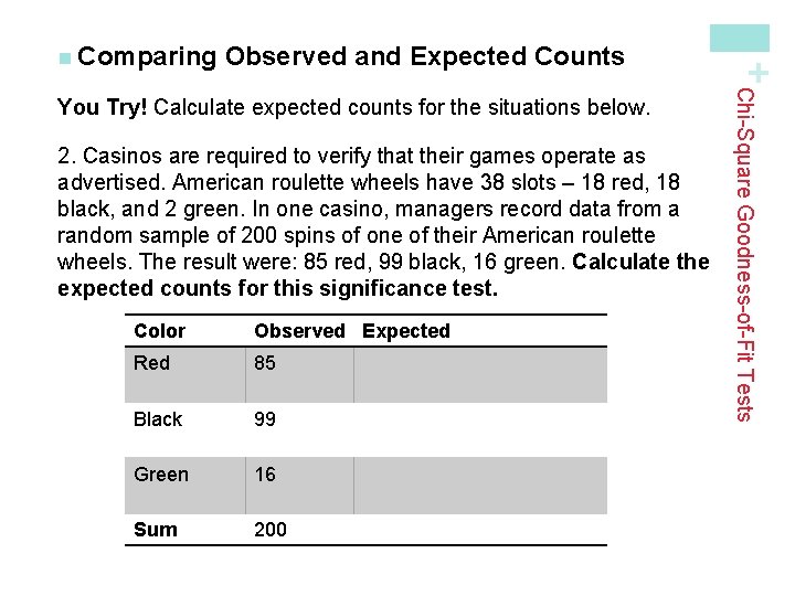 Observed and Expected Counts 2. Casinos are required to verify that their games operate