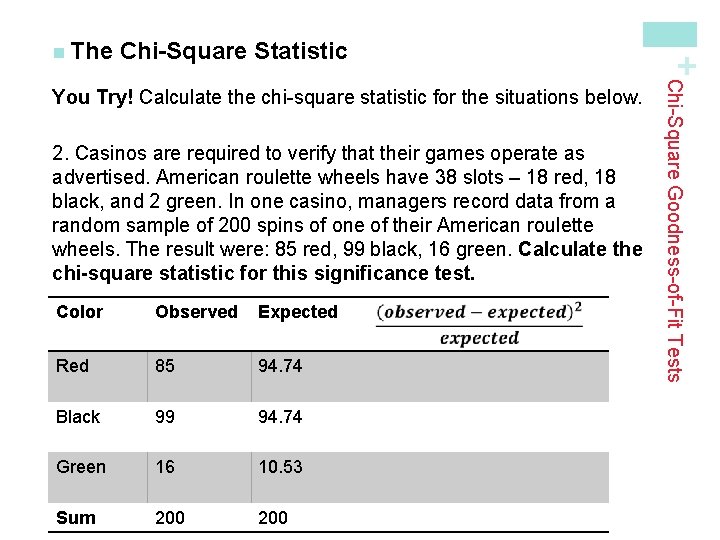 Chi-Square Statistic 2. Casinos are required to verify that their games operate as advertised.