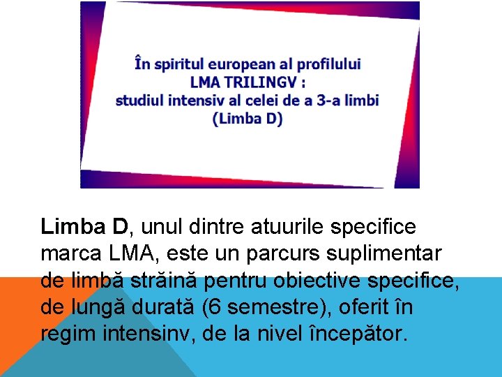 Limba D, D unul dintre atuurile specifice marca LMA, este un parcurs suplimentar de