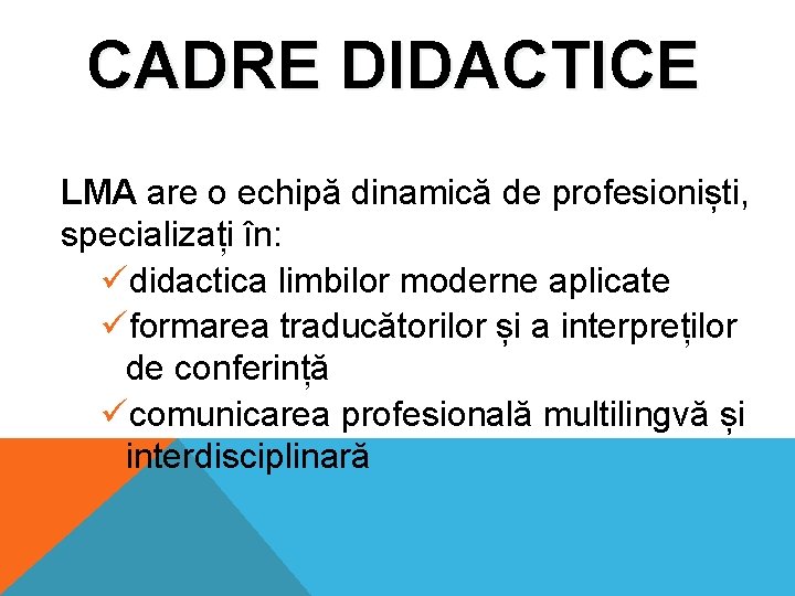 CADRE DIDACTICE LMA are o echipă dinamică de profesioniști, specializați în: üdidactica limbilor moderne