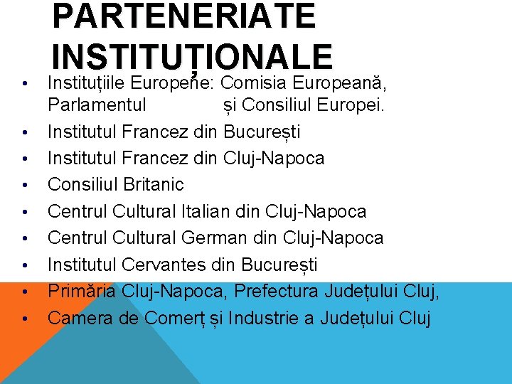  • • • PARTENERIATE INSTITUȚIONALE Instituțiile Europene: Comisia Europeană, Parlamentul și Consiliul Europei.
