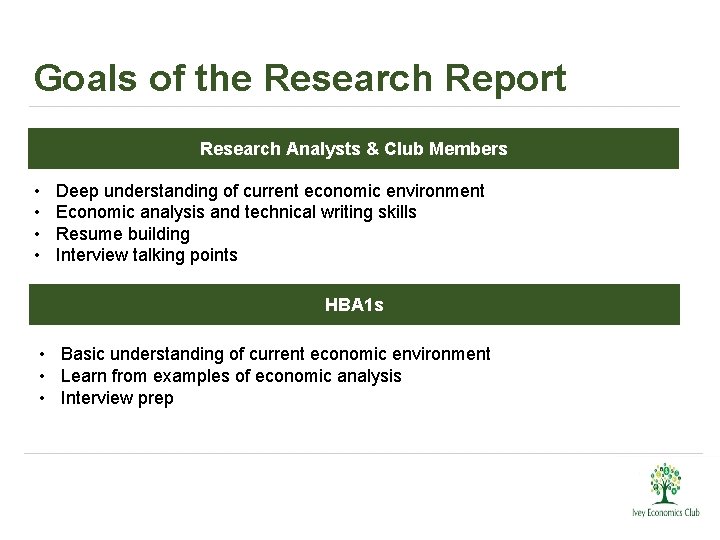 Goals of the Research Report Research Analysts & Club Members • • Deep understanding