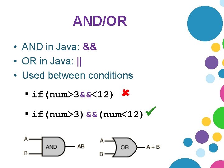 AND/OR • AND in Java: && • OR in Java: || • Used between