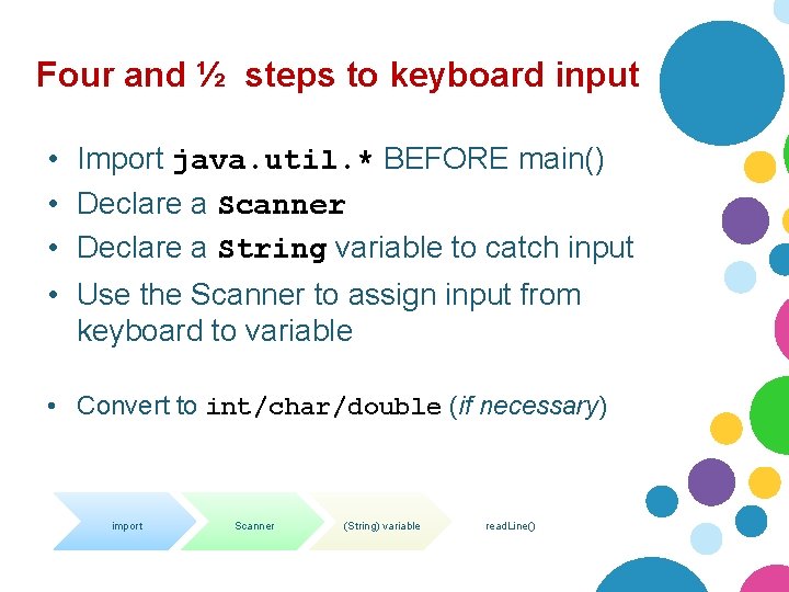 Four and ½ steps to keyboard input • Import java. util. * BEFORE main()