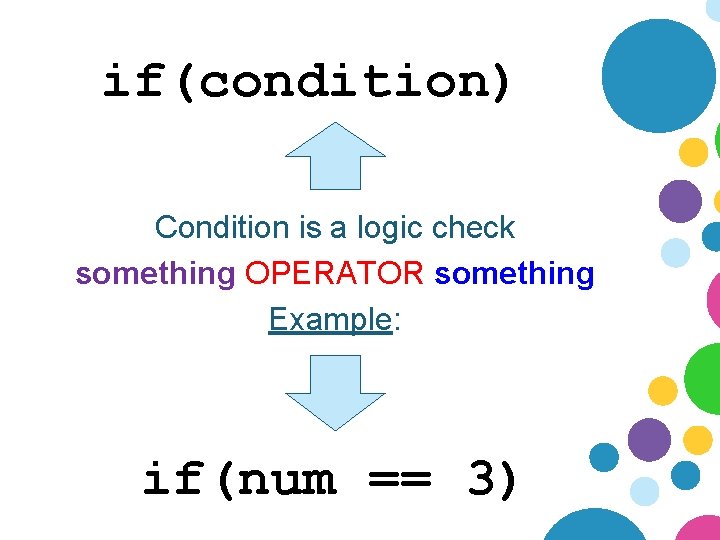 if(condition) Condition is a logic check something OPERATOR something Example: if(num == 3) 