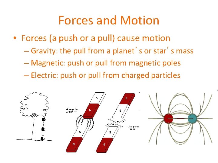 Forces and Motion • Forces (a push or a pull) cause motion – Gravity: