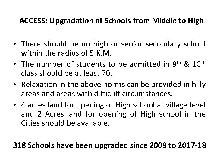 ACCESS: Upgradation of Schools from Middle to High • There should be no high