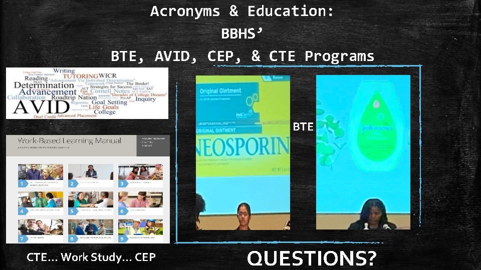 Acronyms & Education: BBHS’ BTE, AVID, CEP, & CTE Programs BTE CTE… Work Study…