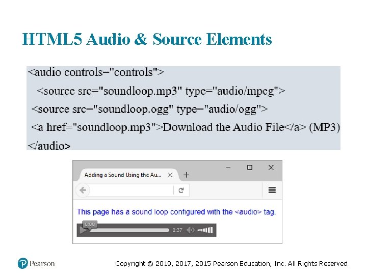 HTML 5 Audio & Source Elements Copyright © 2019, 2017, 2015 Pearson Education, Inc.