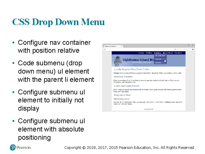 CSS Drop Down Menu • Configure nav container with position relative • Code submenu