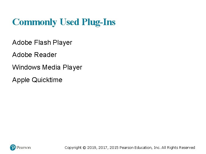 Commonly Used Plug-Ins Adobe Flash Player Adobe Reader Windows Media Player Apple Quicktime Copyright