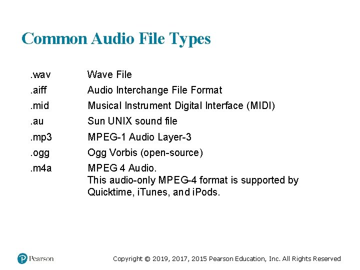 Common Audio File Types. wav Wave File . aiff Audio Interchange File Format .