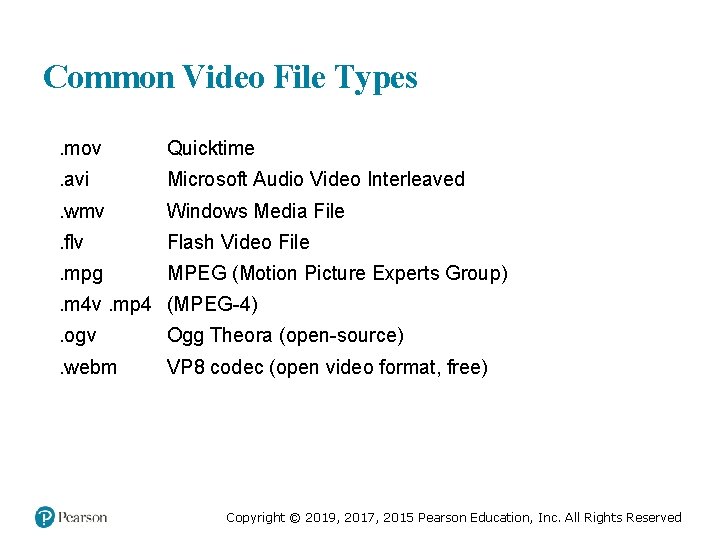 Common Video File Types. mov Quicktime . avi Microsoft Audio Video Interleaved . wmv