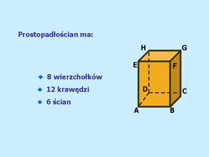 Prostopadłościan ma: H E G F 8 wierzchołków D 12 krawędzi C 6 ścian