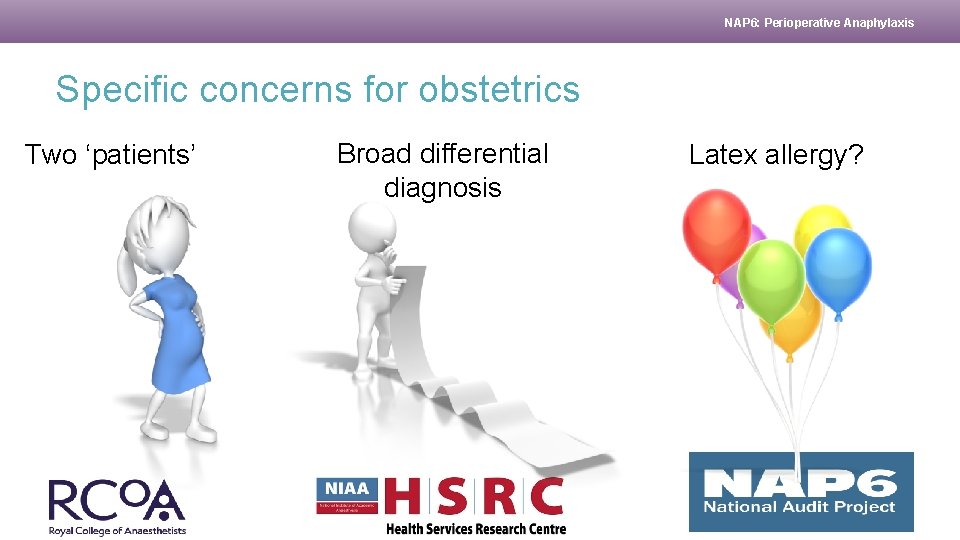 NAP 6: Perioperative Anaphylaxis Specific concerns for obstetrics Two ‘patients’ Broad differential diagnosis Latex