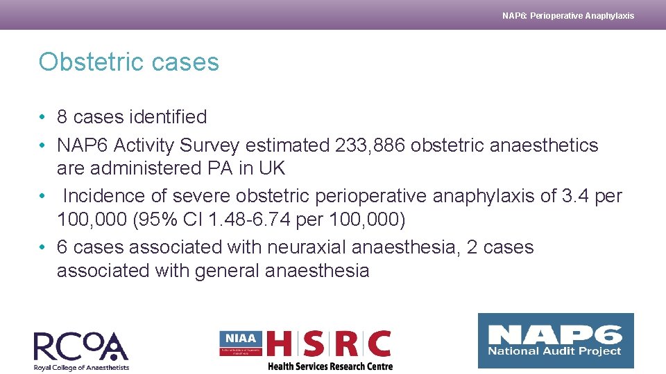 NAP 6: Perioperative Anaphylaxis Obstetric cases • 8 cases identified • NAP 6 Activity