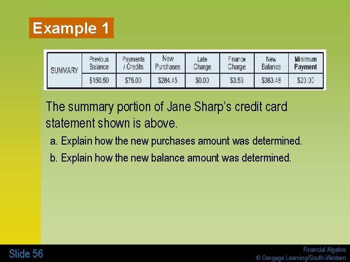 Example 1 The summary portion of Jane Sharp’s credit card statement shown is above.