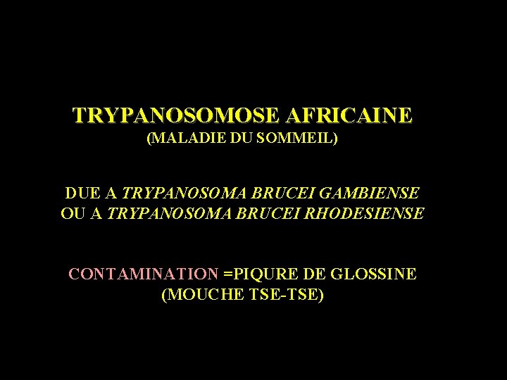 TRYPANOSOMOSE AFRICAINE (MALADIE DU SOMMEIL) DUE A TRYPANOSOMA BRUCEI GAMBIENSE OU A TRYPANOSOMA BRUCEI