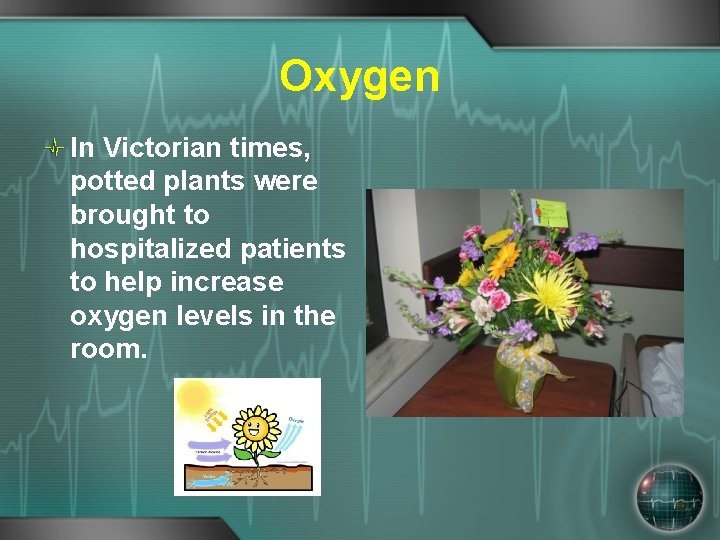 Oxygen In Victorian times, potted plants were brought to hospitalized patients to help increase