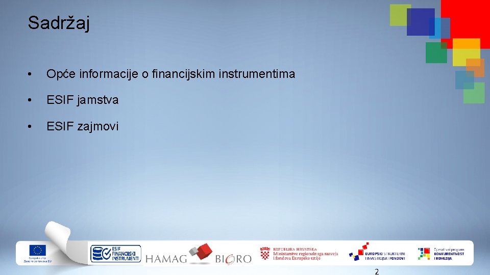 Sadržaj • Opće informacije o financijskim instrumentima • ESIF jamstva • ESIF zajmovi 2