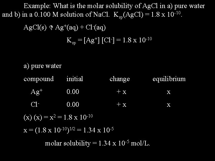 Example: What is the molar solubility of Ag. Cl in a) pure water and