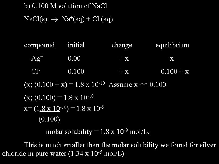 b) 0. 100 M solution of Na. Cl(s) Na+(aq) + Cl-(aq) compound initial change