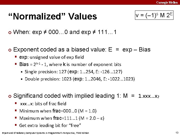 Carnegie Mellon “Normalized” Values v = (– 1)s M 2 E ¢ When: exp