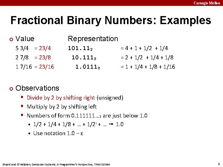 Carnegie Mellon Fractional Binary Numbers: Examples ¢ ¢ Value Representation 5 3/4 = 23/4