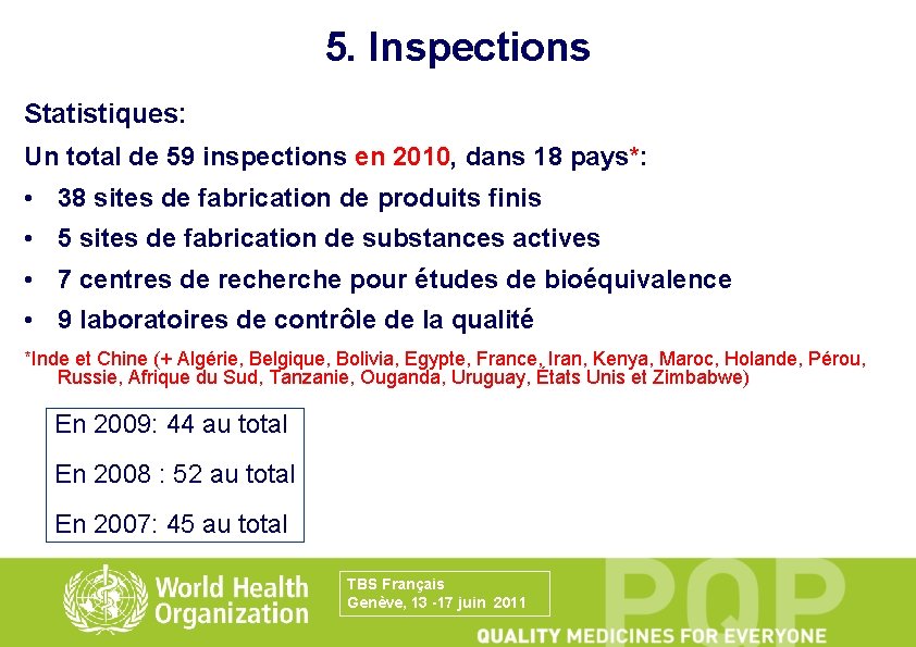 5. Inspections Statistiques: Un total de 59 inspections en 2010, dans 18 pays*: •