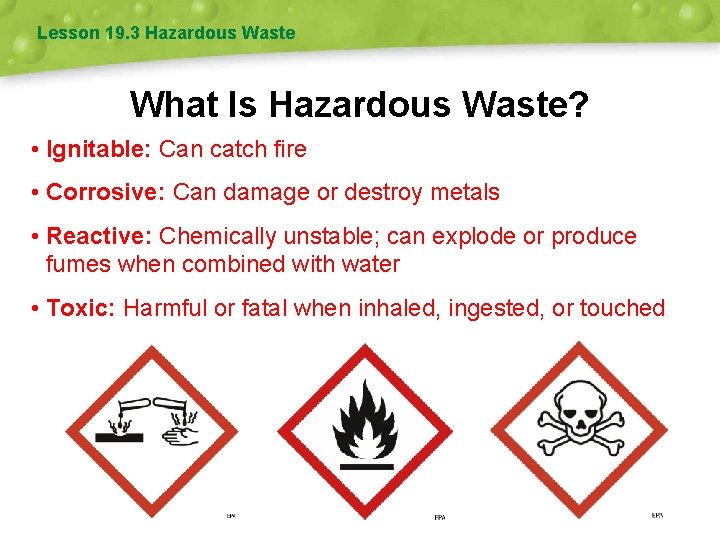 Lesson 19. 3 Hazardous Waste What Is Hazardous Waste? • Ignitable: Can catch fire