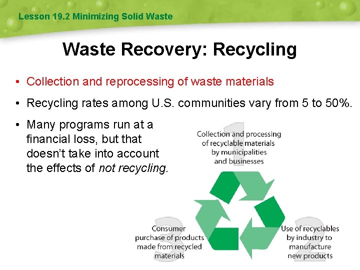 Lesson 19. 2 Minimizing Solid Waste Recovery: Recycling • Collection and reprocessing of waste