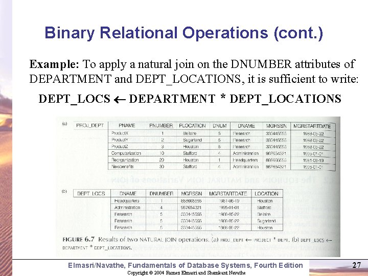 Binary Relational Operations (cont. ) Example: To apply a natural join on the DNUMBER