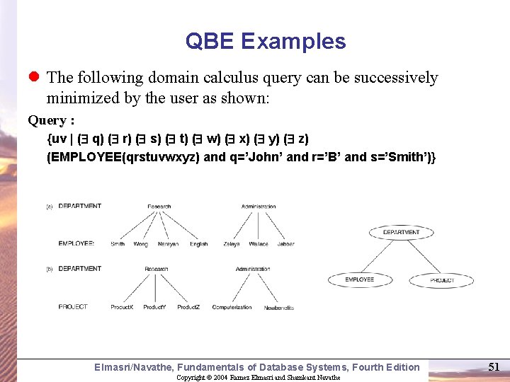 QBE Examples l The following domain calculus query can be successively minimized by the