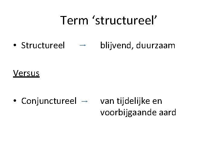 Term ‘structureel’ • Structureel blijvend, duurzaam Versus • Conjunctureel van tijdelijke en voorbijgaande aard