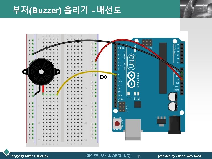 부저(Buzzer) 울리기 - 배선도 LOGO D 8 Dongyang Mirae University 최신인터넷기술(ARDUINO) 5 prepared by