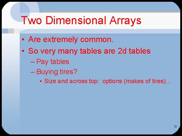 Two Dimensional Arrays • Are extremely common. • So very many tables are 2 Two Dimensional Arrays • Are extremely common. • So very many tables are 2
