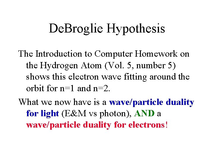 De. Broglie Hypothesis The Introduction to Computer Homework on the Hydrogen Atom (Vol. 5,