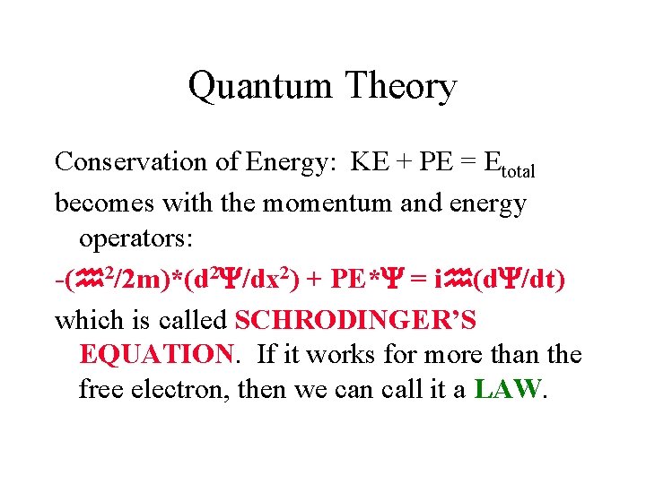 Quantum Theory Conservation of Energy: KE + PE = Etotal becomes with the momentum