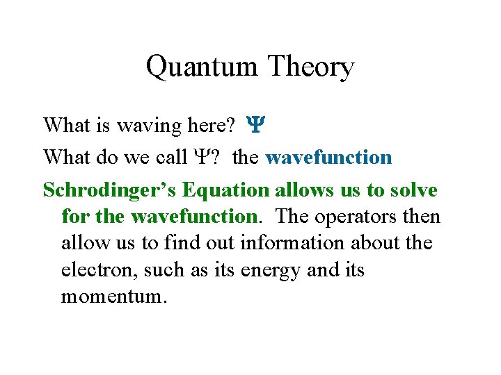 Quantum Theory What is waving here? What do we call ? the wavefunction Schrodinger’s