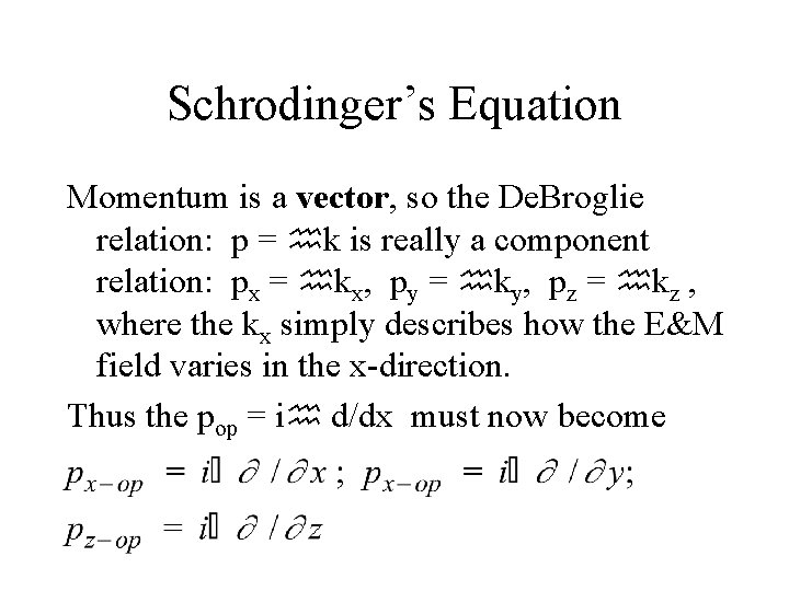 Schrodinger’s Equation Momentum is a vector, so the De. Broglie relation: p = k