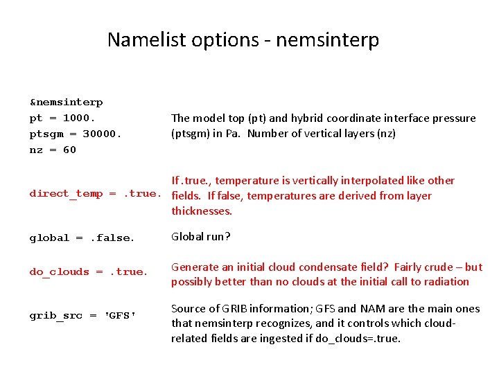 Namelist options - nemsinterp &nemsinterp pt = 1000. ptsgm = 30000. nz = 60