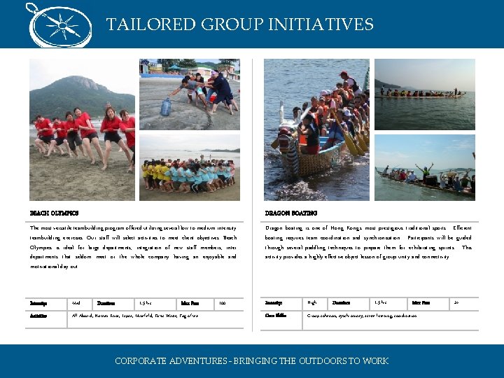 TAILORED GROUP INITIATIVES BEACH OLYMPICS DRAGON BOATING The most versatile teambuilding program offered utilizing