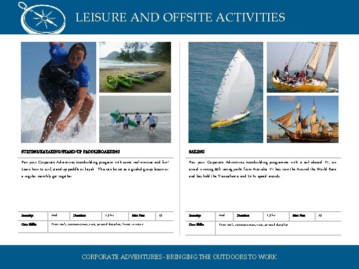 LEISURE AND OFFSITE ACTIVITIES SURFING/KAYAKING/STAND-UP PADDLEBOARDING SAILING Pair your Corporate Adventures teambuilding program with