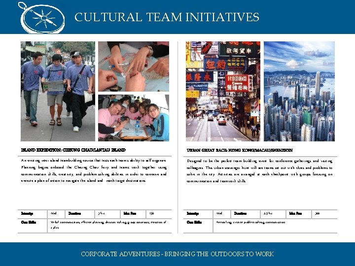 CULTURAL TEAM INITIATIVES ISLAND EXPEDITION: CHEUNG CHAU/LANTAU ISLAND URBAN GREAT RACE: HONG KONG/MACAU/SHENZHEN An