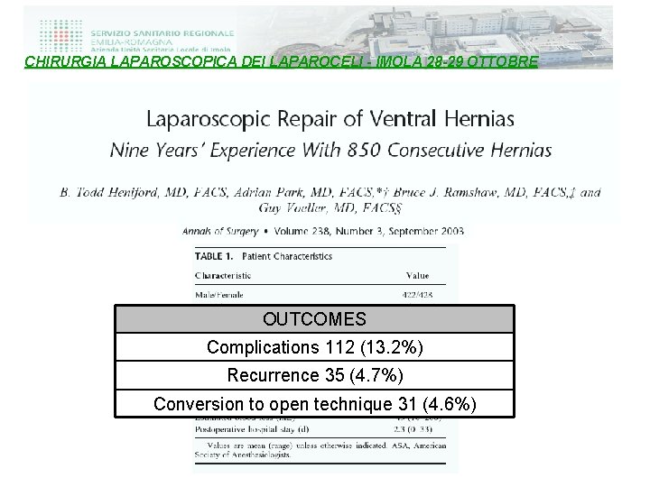 CHIRURGIA LAPAROSCOPICA DEI LAPAROCELI - IMOLA 28 -29 OTTOBRE OUTCOMES Complications 112 (13. 2%)